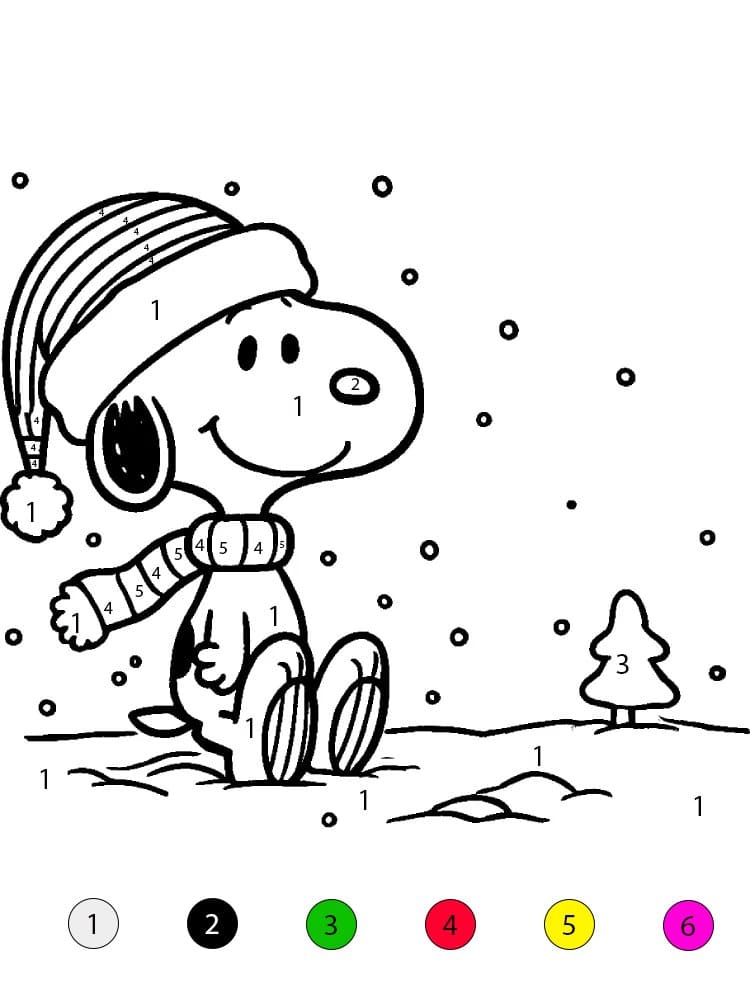 Snoopy en hiver Coloriage Magique