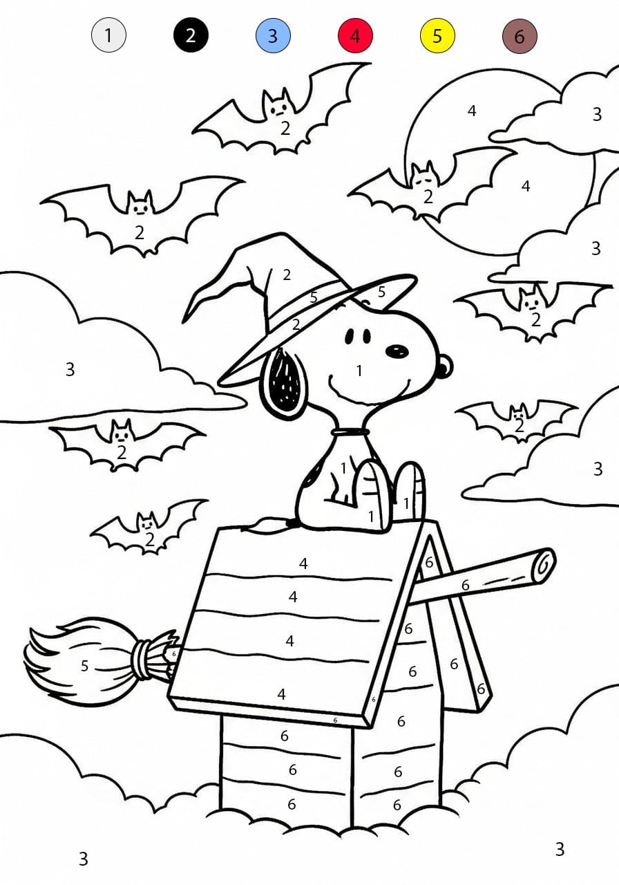 Snoopy et les chauves-souris Coloriage Magique