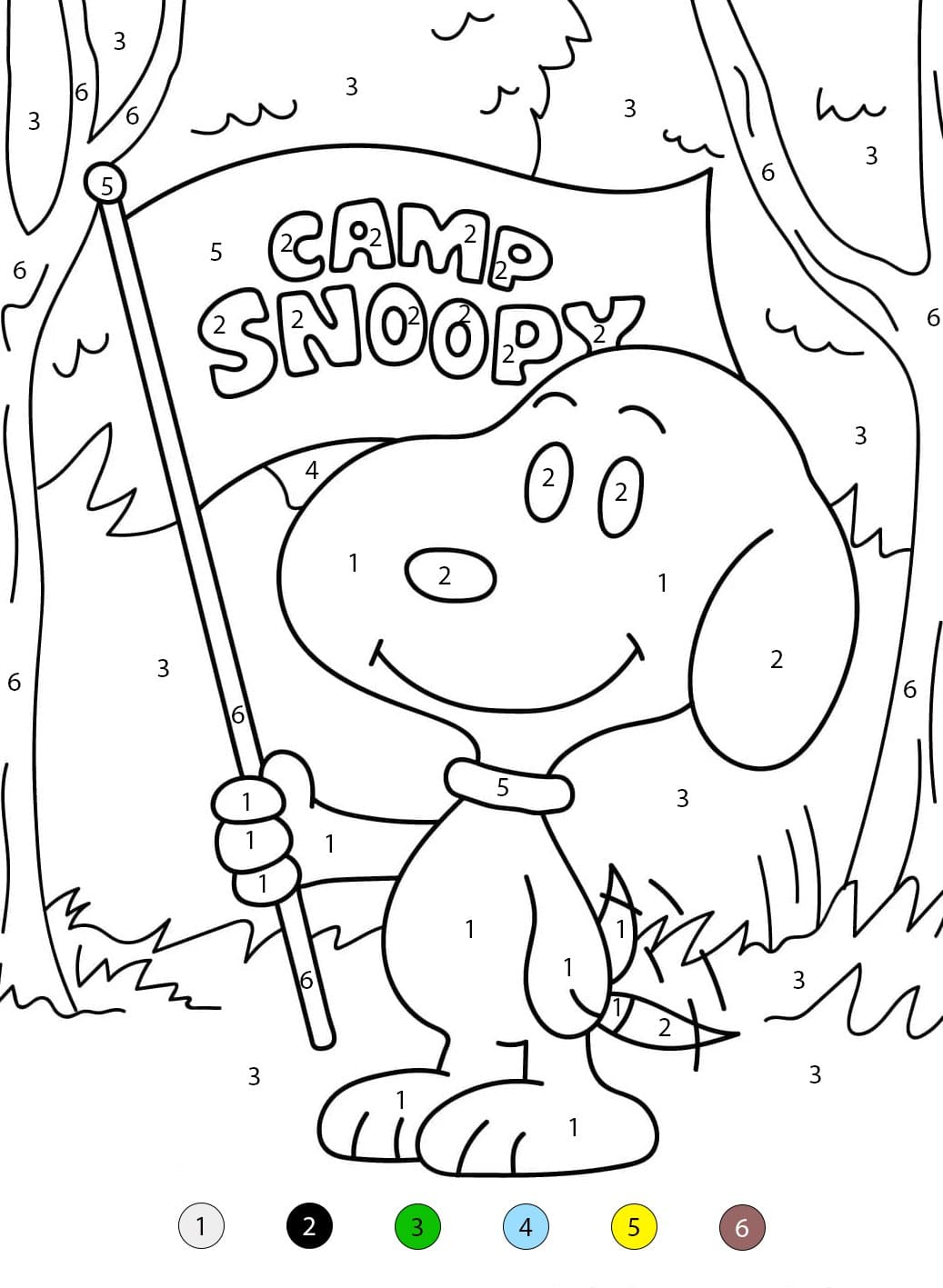 Snoopy va camper Coloriage Magique