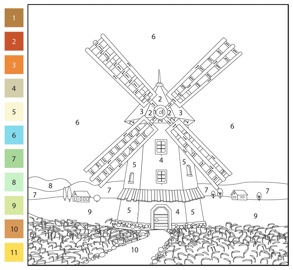 Moulin à vent dans la ferme Coloriage Magique