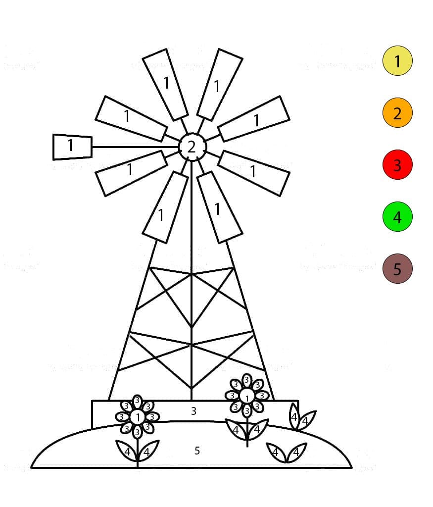 Moulin à vent et fleurs Coloriage Magique