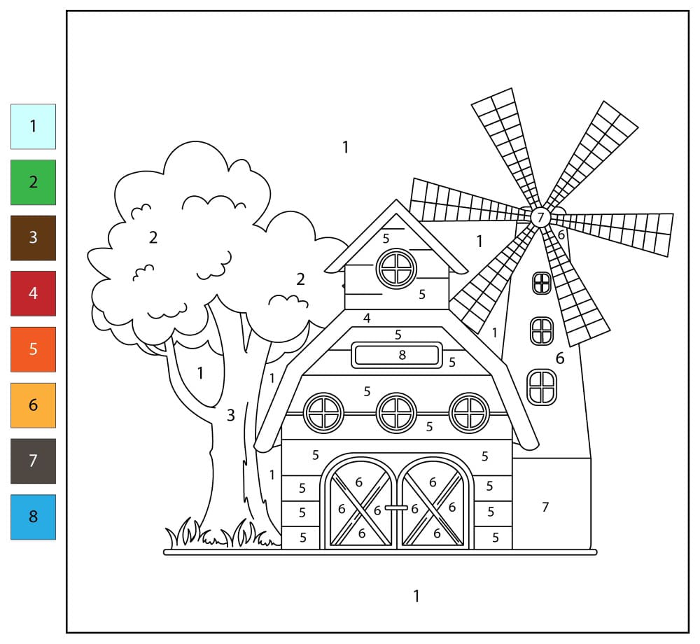 Moulin à vent et grange Coloriage Magique