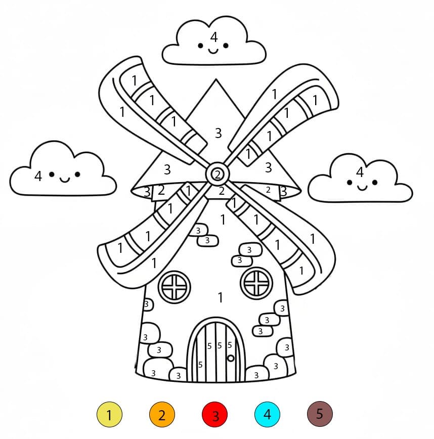Moulin à vent et jolis nuages Coloriage Magique