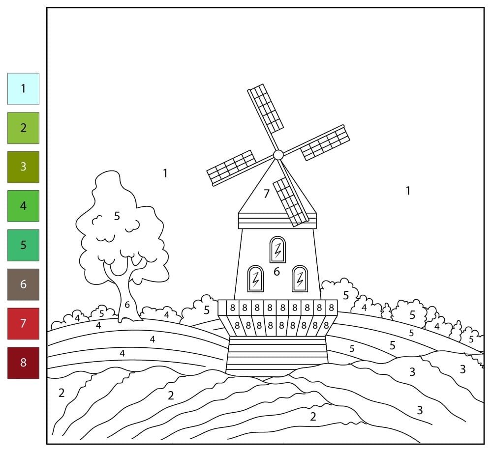Moulin à vent et légumes Coloriage Magique