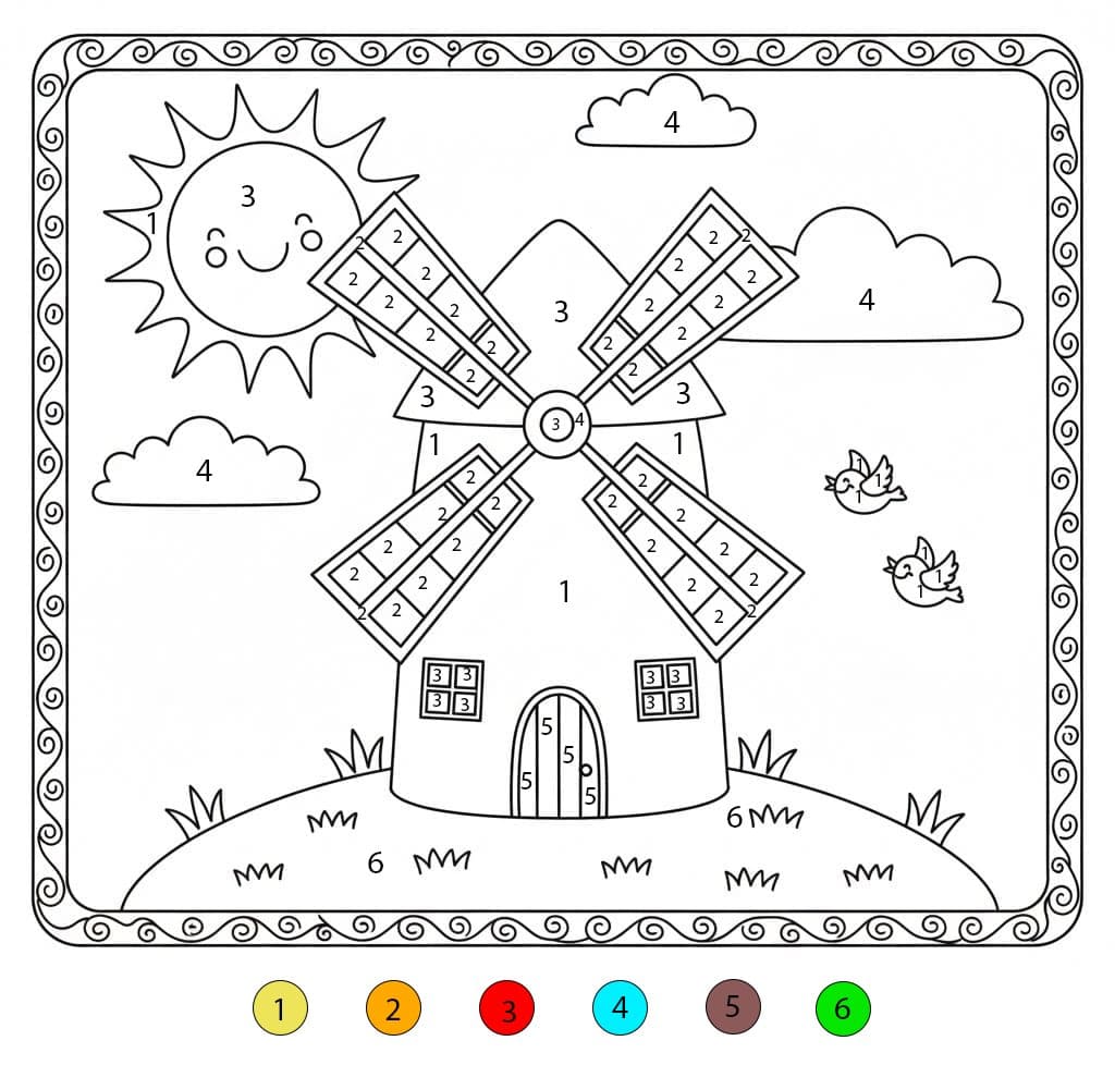 Moulin à vent et paysage Coloriage Magique