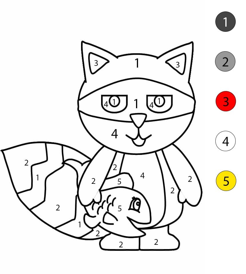 Raton laveur avec un poisson Coloriage Magique