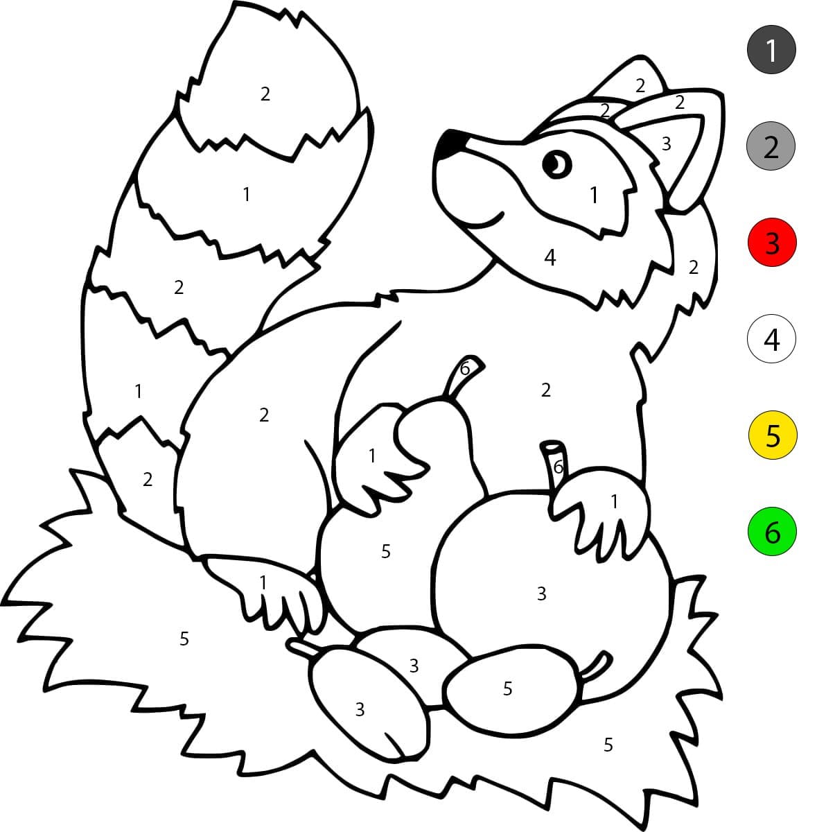 Raton laveur et fruits Coloriage Magique