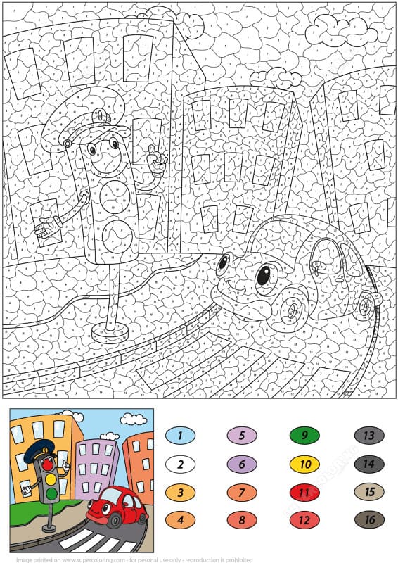 Feu de circulation et voiture de dessin animé Coloriage Magique