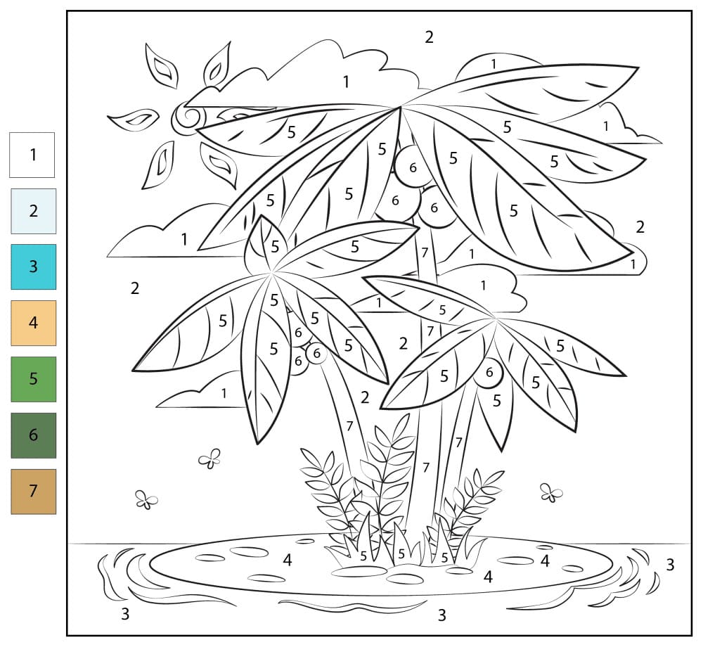 Palmiers sur l'île Coloriage Magique