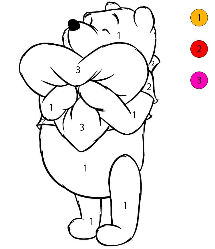 Winnie l'Ourson avec un coussin en forme de cœur Coloriage Magique