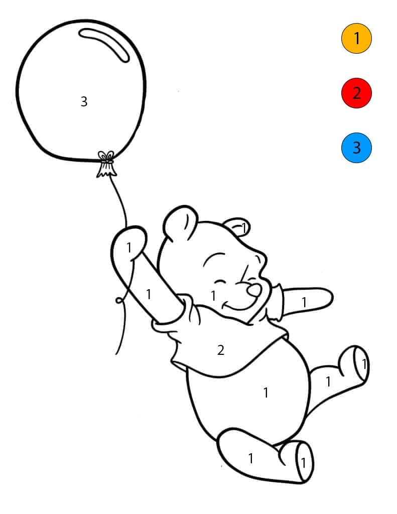 Winnie l'Ourson vole avec un ballon Coloriage Magique