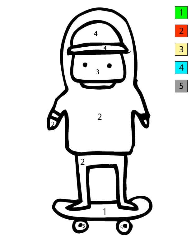 Garçon de dessin animé et skateboard Coloriage Magique