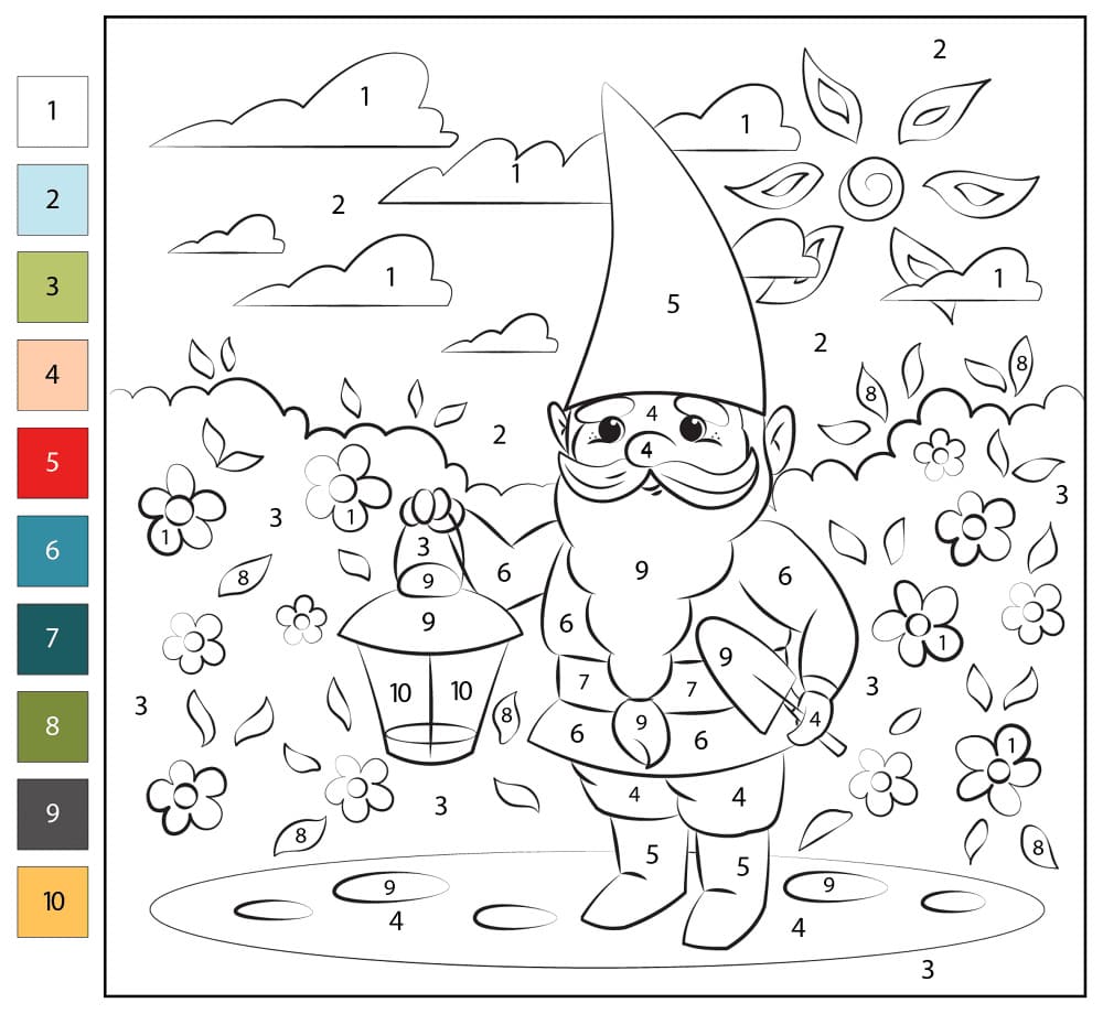 Gnome dans le jardin Coloriage Magique