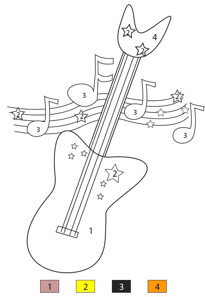 Guitare avec notes de musique Coloriage Magique