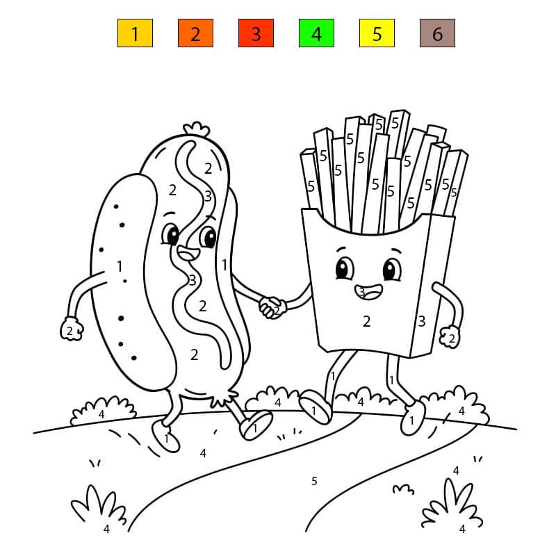 Hot-dog et frites de dessin animé Coloriage Magique